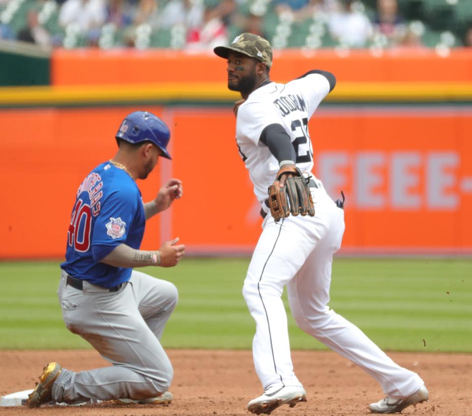 Tigers shortstop Niko Goodrum forces out during Cubs catcher Wilson Contreras during the third inning on Sunday, May 16, 2021, at Comerica Park.