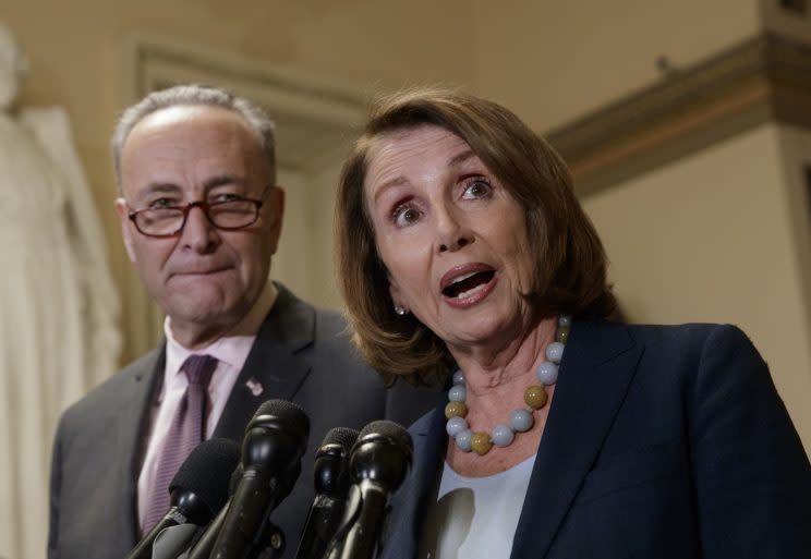 In this March 13, 2017 file photo, House Minority Leader Nancy Pelosi of Calif., accompanied by Senate Minority Leader Charles Schumer of N.Y., speaks to reporters on Capitol Hill in Washington. Democrats are responding to President Donald Trump’s threats to deny payments to health insurers under the Affordable Care Act with a demand that it be addressed in talks on a government-wide spending bill that is due at the end on the month. (AP Photo/J. Scott Applewhite, File)