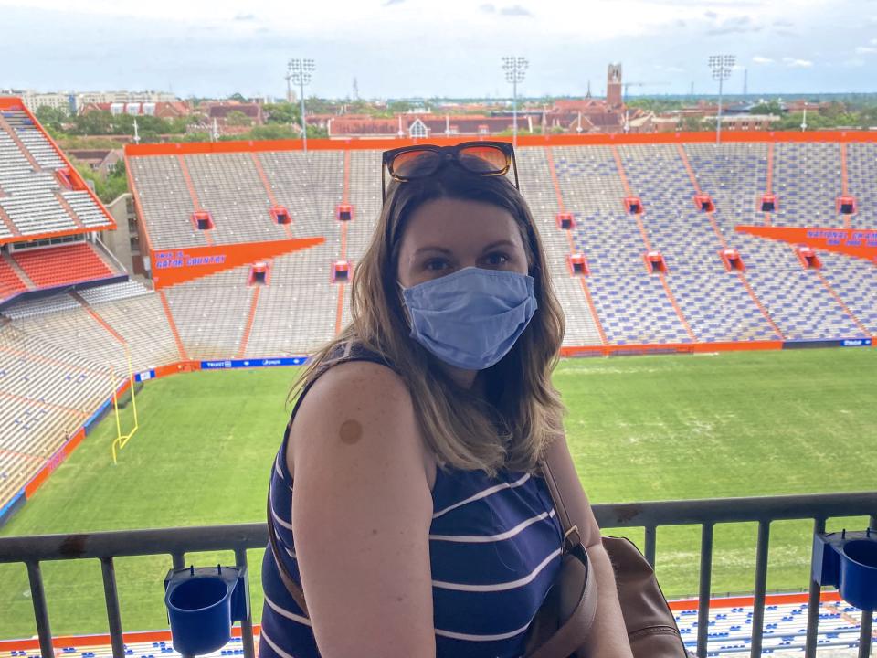 Elsbeth Russell waits after getting her COVID-19 vaccine at a stadium at the University of Florida. (Photo: Elsbeth Russell)