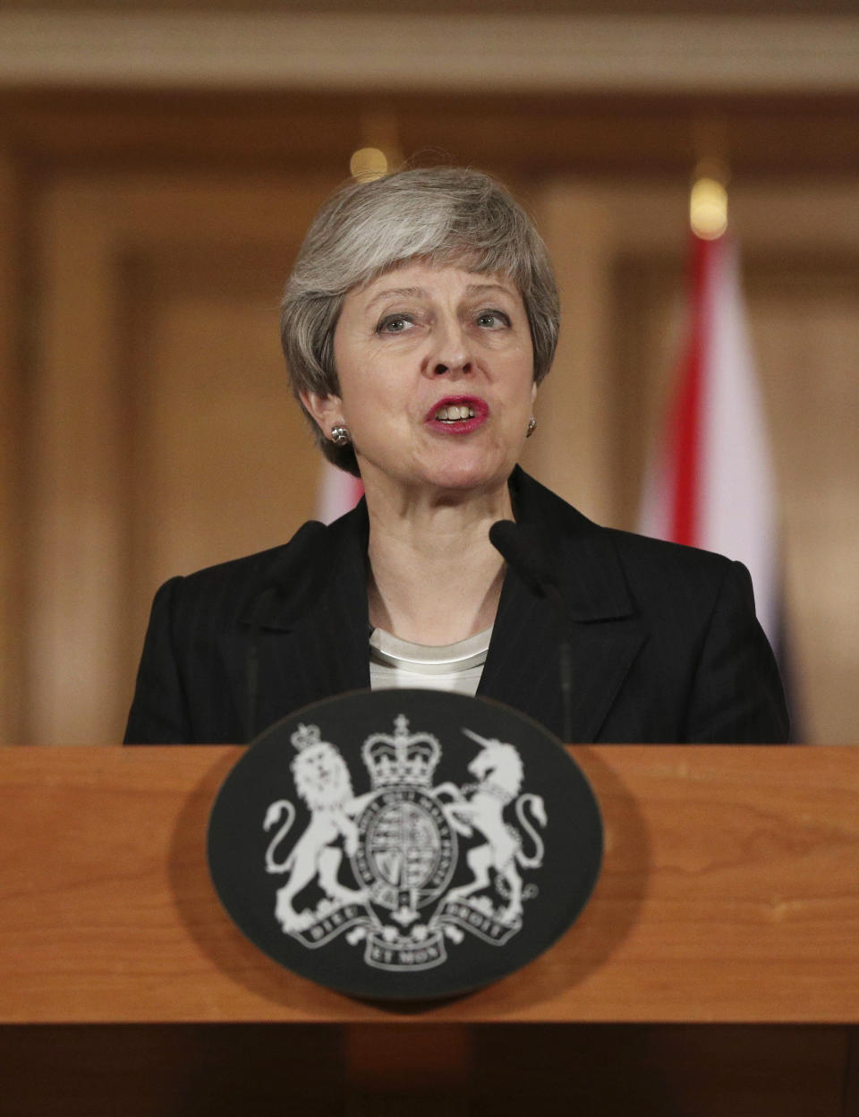 Britain's Prime Minister Theresa May delivers a statement, at 10 Downing Street, in London, Wednesday, March 20, 2019. May says it's a matter of "great personal regret" that U.K. won't leave EU with a deal on March 29. (Jonathan Brady/Pool Photo via AP)