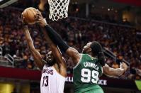 May 21, 2017; Cleveland, OH, USA; Boston Celtics forward Jae Crowder (99) defends Cleveland Cavaliers center Tristan Thompson (13) during the second half in game three of the Eastern conference finals of the NBA Playoffs at Quicken Loans Arena. Mandatory Credit: Ken Blaze-USA TODAY Sports