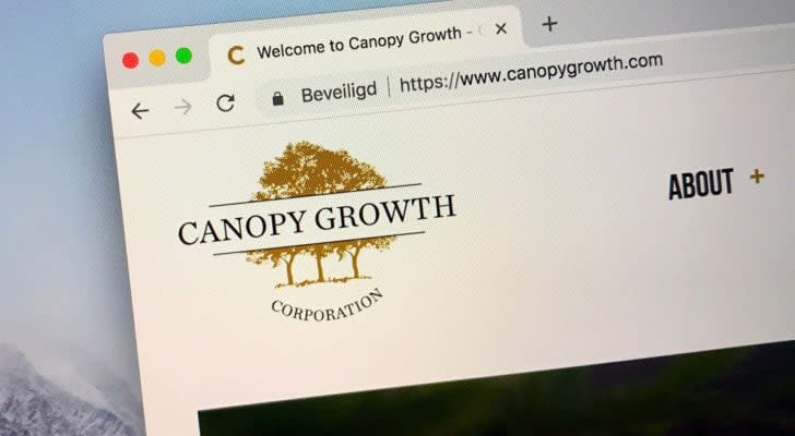 The Canopy Growth (CGC) website is open in an internet browser tab.