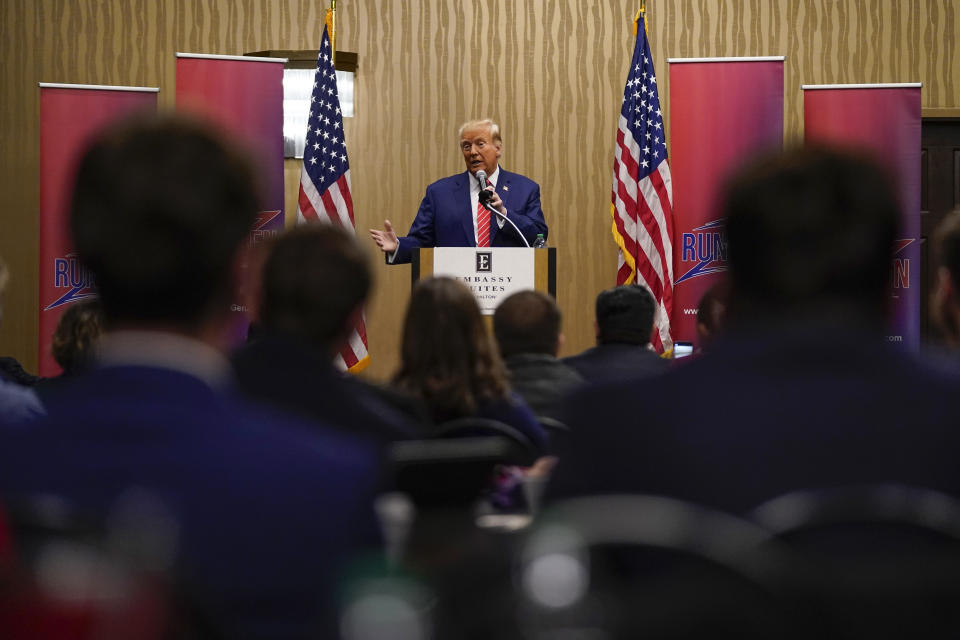 Former President Donald Trump speaks at a Run GenZ campaign event in Des Moines, Iowa, Saturday, Jan. 6, 2024. (AP Photo/Andrew Harnik)