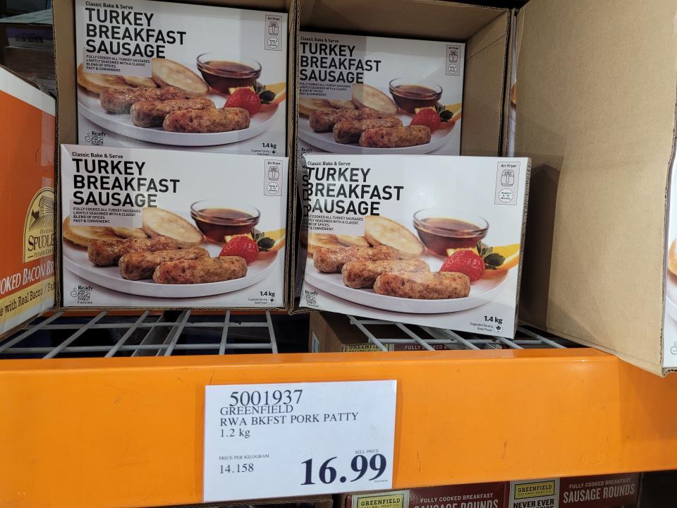 boxes of turkey breakfast sausage in the freezers at costco