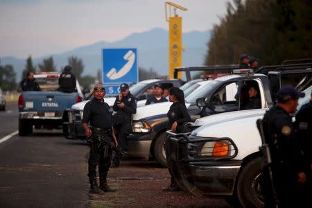 Federal policemen stand outside a ranch where a gunfight between hitmen and federal forces left several casualties in Tanhuato, state of Michoacan, May 22, 2015. REUTERS/Alan Ortega