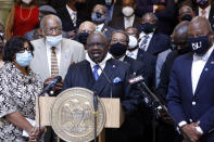 Rev. Kenneth M. Davis, president of the Mississippi National Baptist Convention, calls for a change in the Mississippi state flag, Thursday, June 25, 2020, during a news conference at the Capitol in Jackson, Miss. A large number of Black pastors lobbied their legislators, calling on them to strike the current flag. This current flag has in the canton portion of the banner the design of the Civil War-era Confederate battle flag, that has been the center of a long-simmering debate about its removal or replacement. (AP Photo/Rogelio V. Solis)