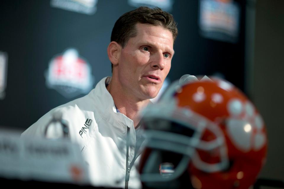 Clemson defensive coordinator Brent Venables talks during a news conference ahead of the 2014 Orange Bowl against Ohio State.