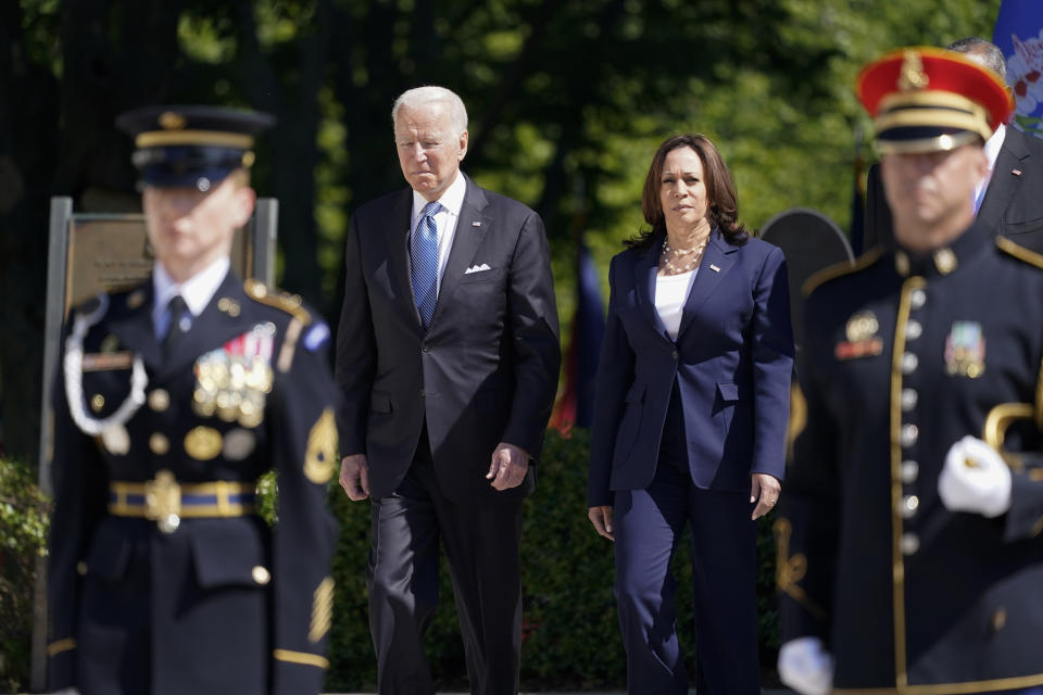 President Joe Biden arrives with Vice President Kamala Harris to place a wreath at the Tomb of the Unknown Soldier at Arlington National Cemetery on Memorial Day, Monday, May 31, 2021, in Arlington, Va.(AP Photo/Alex Brandon)