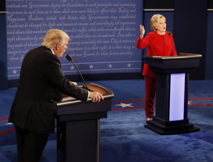 Donald Trump and Democratic presidential nominee Hillary Clinton speak at the same time during the presidential debate at Hofstra University. (Rick T. Wilking/Pool via AP)