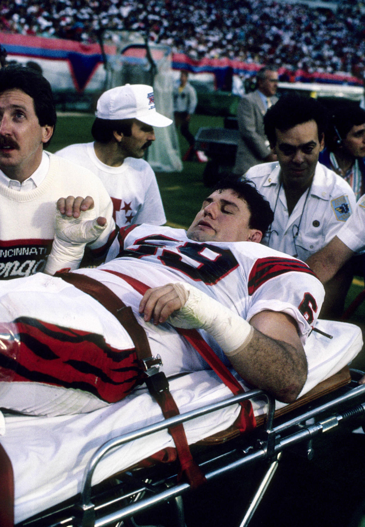 Tim Krumrie played in 188 games for the Bengals, a team record for a lineman, but his most famous play resulted in him suffering a broken leg in Super Bowl XXIII.