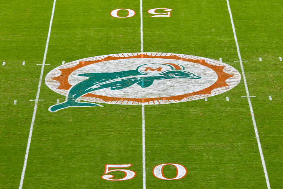 MIAMI, FL - DECEMBER 23: A detailed view of the Miami Dolphins logo before the game against the Jacksonville Jaguars at Hard Rock Stadium on December 23, 2018 in Miami, Florida. (Photo by Mark Brown/Getty Images)