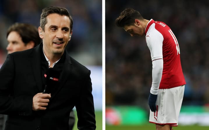 Gary Neville slammed a number of Arsenal's 'spineless' players for their feeble performance in the League Cup final  - GETTY IMAGES