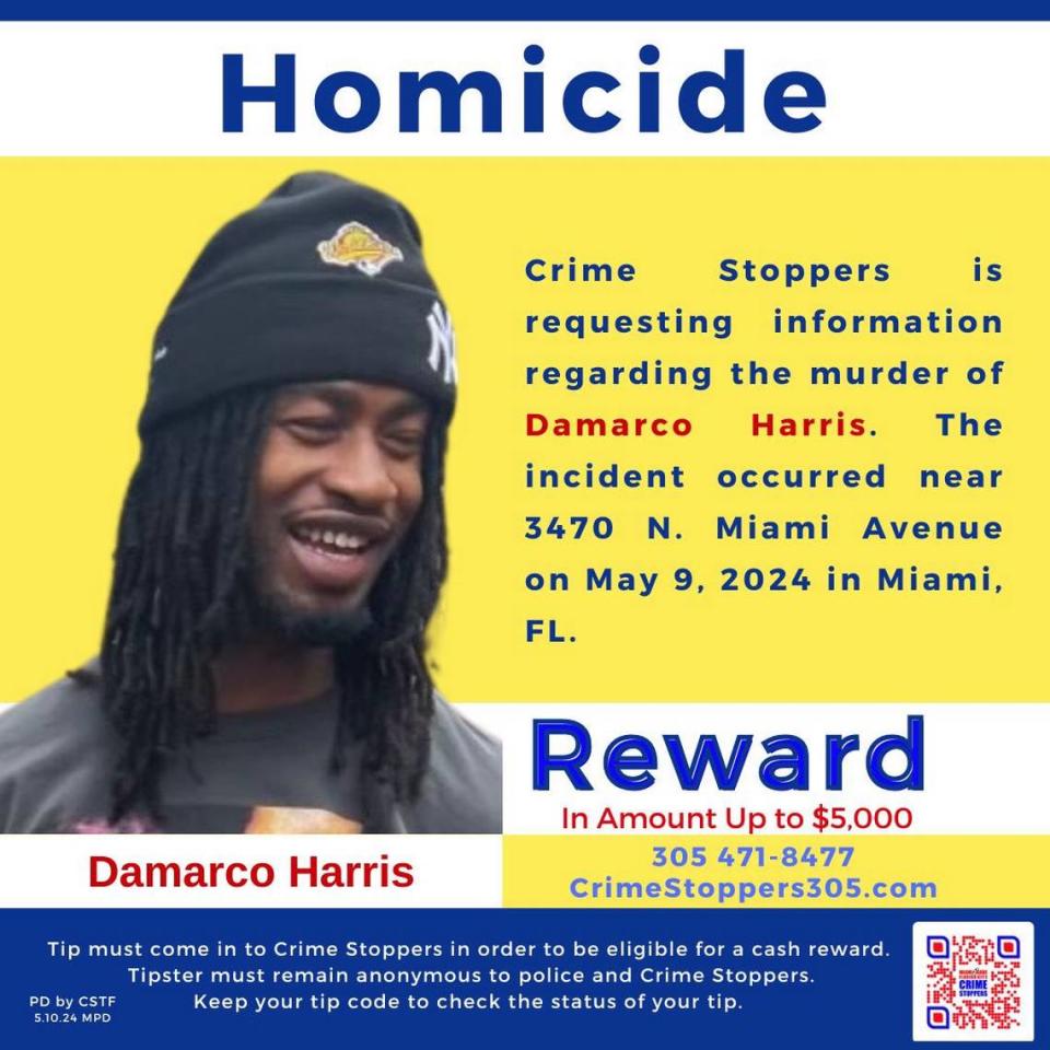 A reward of up to $5,000 is being offered for tips that lead to the arrest of the person who shot DaMarco Harris, 24, in a parking lot across the street from The Shops at Midtown Miami, 3401 N. Miami Ave., on Thursday morning, May 9, 2024. Harris died in the hospital an hour later.