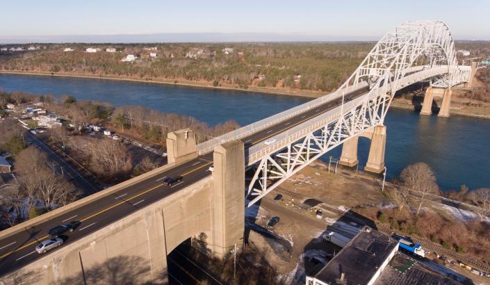 In 2020, there is light traffic in both directions during the morning commute on the Sagamore Bridge.