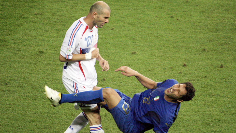 Italian footballer Marco Materazzi has revealed what he said to French counterpart Zinedine Zidane to prompt his infamous headbutt in the 2006 World Cup final. Picture: Getty Images