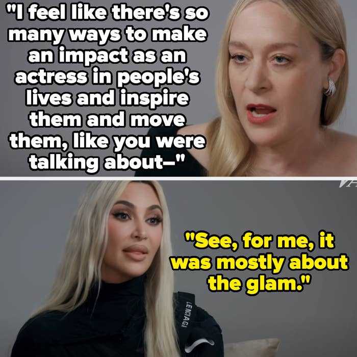 Top: Woman discusses making an impact as an actress. Bottom: Kim Kardashian says, "See, for me, it was mostly about the glam."