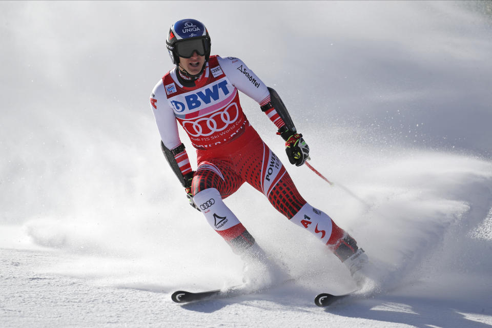 Austria's Matthias Mayer finishes a Men's World Cup super-G skiing race Friday, Dec. 6, 2019, in Beaver Creek, Colo. (AP Photo/John Locher)