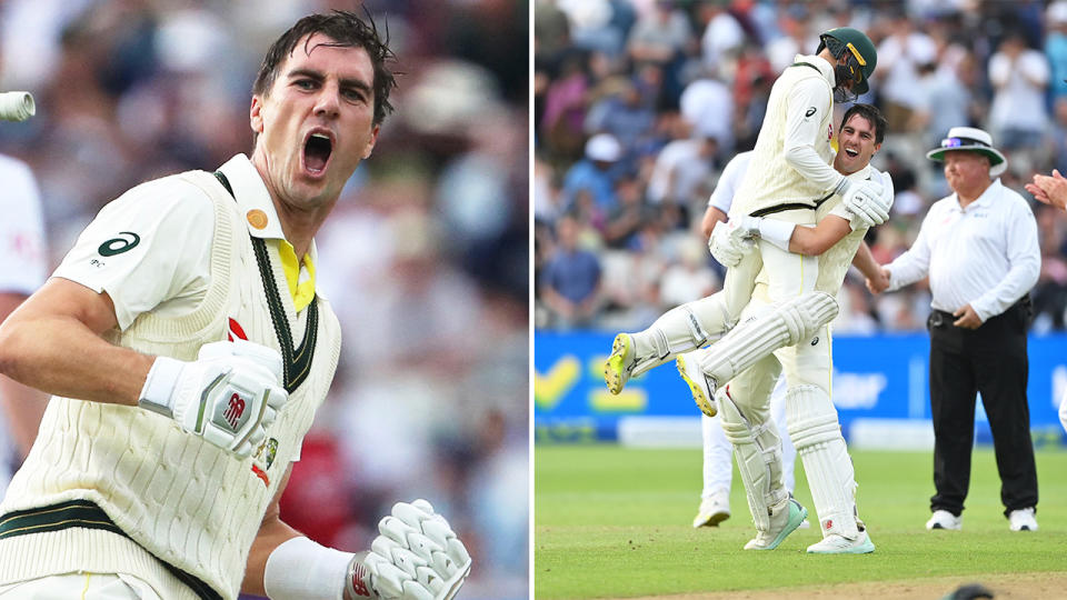 Pat Cummins (pictured left) alongside Nathan Lyon have dug deep help Australia chase down 281and win a thriller at Edgbaston in the first Ashes test. (Getty Images)