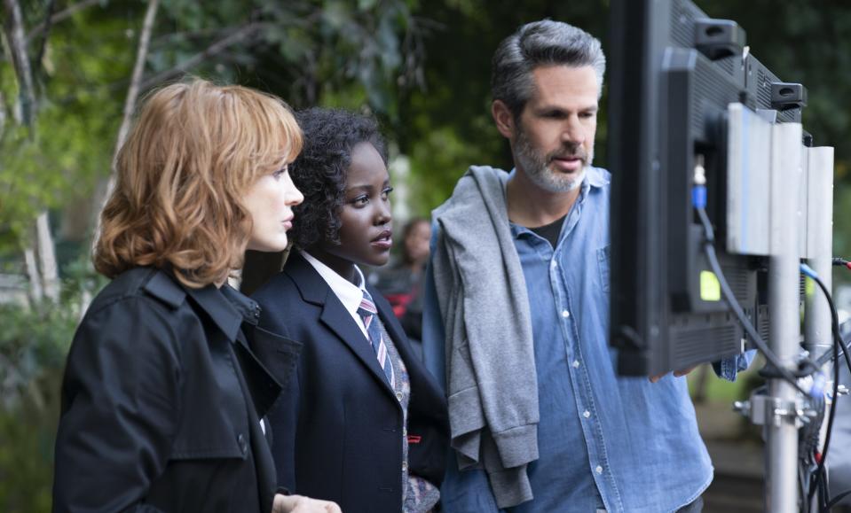 (from left) Jessica Chastain, Lupita Nyong’o and director Simon Kinberg on ‘The 355’ - Credit: Universal