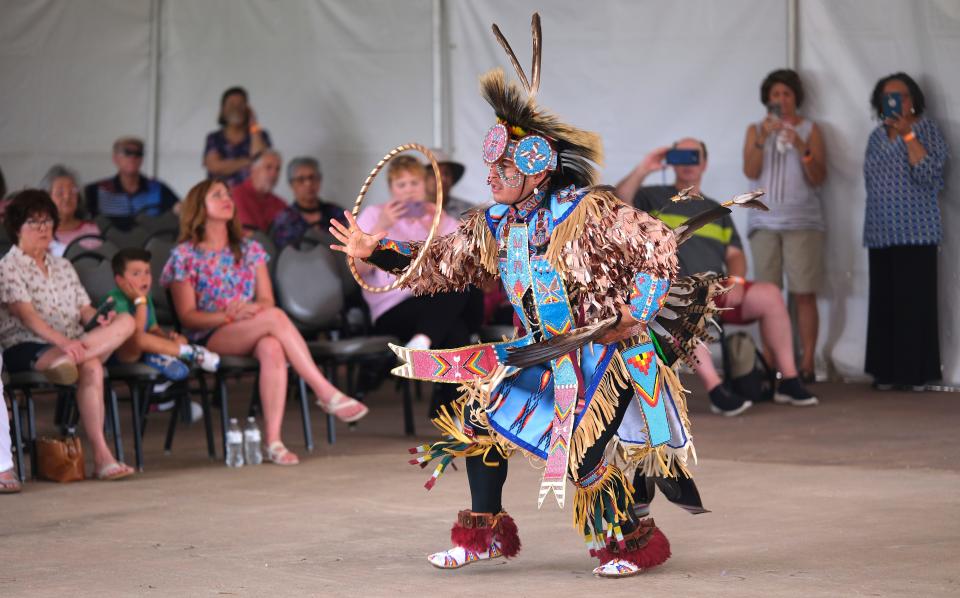 Domingo Whiteman, who is Cheyenne, dances during a dance showcase by the Central Plains Dance Troupe at the 2023 Red Earth Festival at the National Cowboy & Western Heritage Museum.