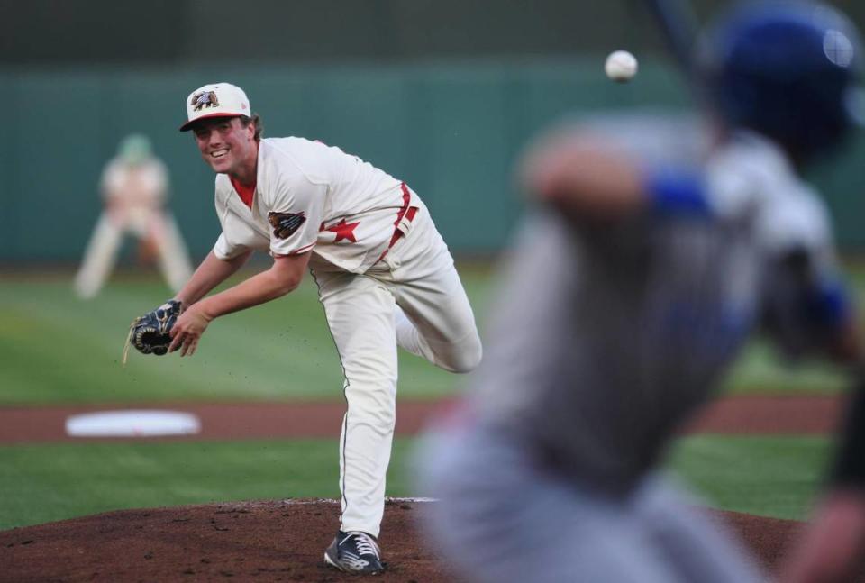 Left-handed Fresno Grizzlies pitcher Caleb Franzen throws against the Stocton Ports in the home opener for the 2023 season Tuesday, April 11, 2023 in Fresno.