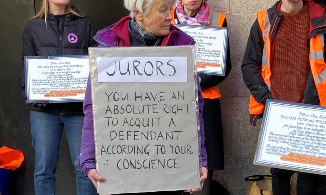 <span>Trudi Warner and supporters holding up signs outside the Old Bailey in central London on 4 April 2023.</span><span>Photograph: Emily Pennink/PA</span>