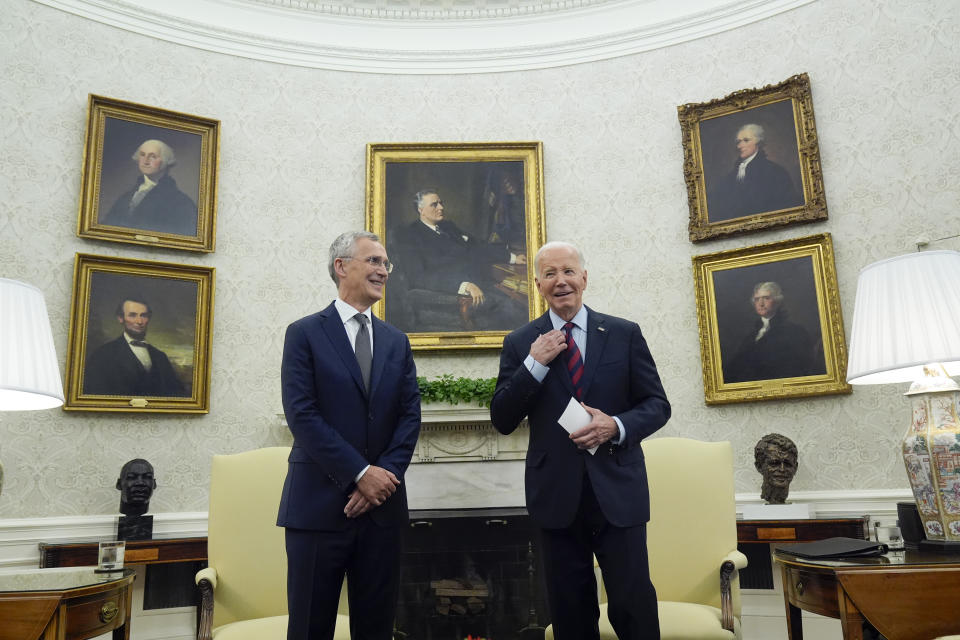 President Joe Biden meets with NATO Secretary General Jens Stoltenberg in the Oval Office at the White House, Monday, June 17, 2024. (AP Photo/Mark Schiefelbein)