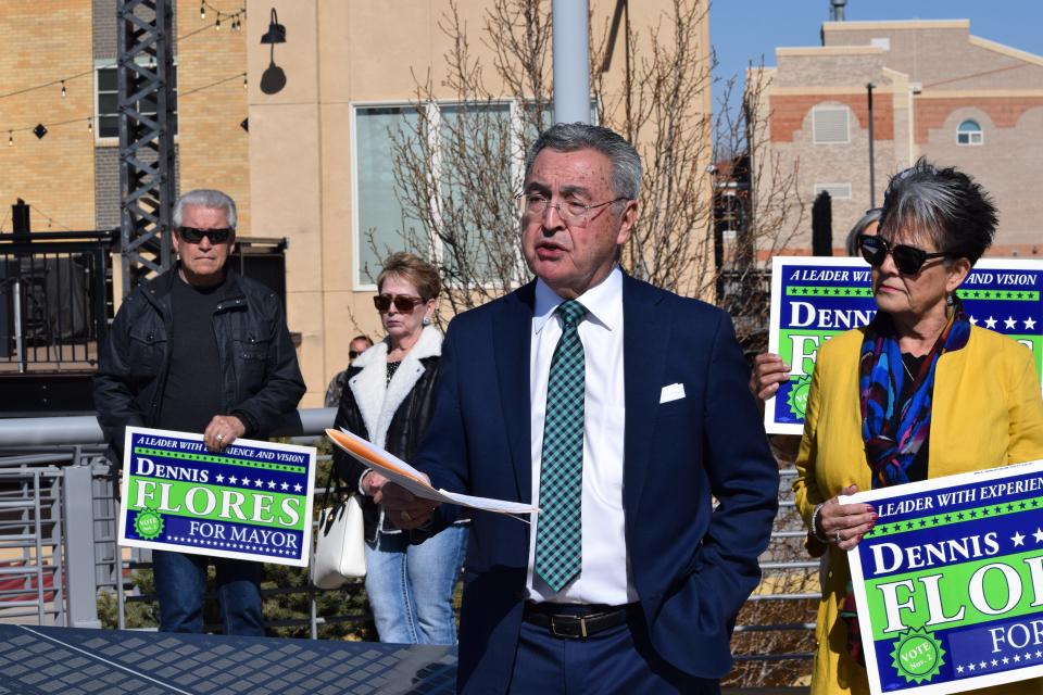 Dennis Flores announces his candidacy for mayor of Pueblo on the Historic Arkansas Riverwalk of Pueblo Veterans Bridge on Thursday, March 30, 2023, in Pueblo, Colo.