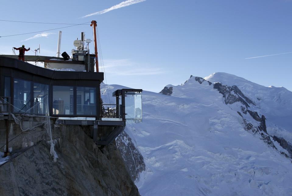 View of the 'Step into the Void' installation at the Aiguille du Midi mountain peak above Chamonix, in the French Alps