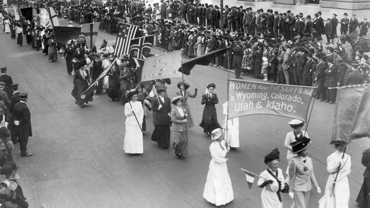 Above, suffragettes are shown carrying a banner announcing that "women have full suffrage in Wyoming, Colorado, Utah and Idaho" at the Women of All Nations Parade in New York on May 3, 1916. The founder of Mother's Day, Anna Jarvis, was honoring her own mother, a social activist (not shown), with her idea for a special day to honor mothers.
