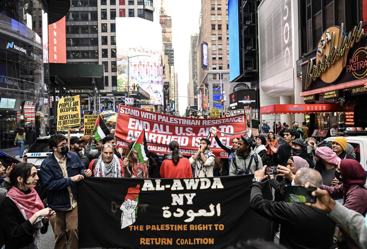 People at a pro-Palestinian demonstration in Manhattan's Times Square on Sunday