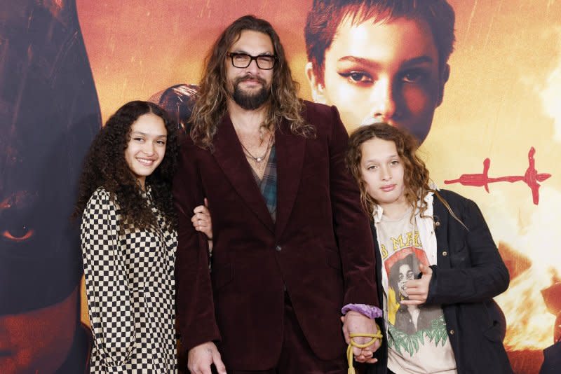 Jason Momoa (C) and his children Lola Momoa (L) and Nakoa-Wolf Momoa attend the New York premiere of "The Batman" in 2022. File Photo by John Angelillo/UPI
