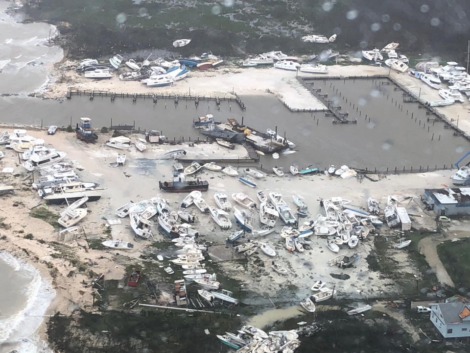 Destruction at a leisure boat harbour at the Bahamas after Hurricane Dorian hit the islands. Boats are seen tossed onto the shore.