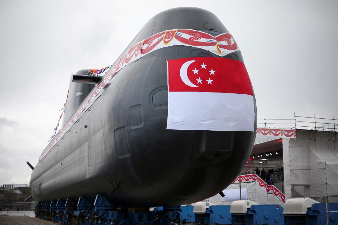 View of one of the vessels during a handover ceremony of the last of four German-made submarines to Singapore at ThyssenKrupp shipyard in Kiel, Germany, April 22, 2024. REUTERS/Cathrin Mueller