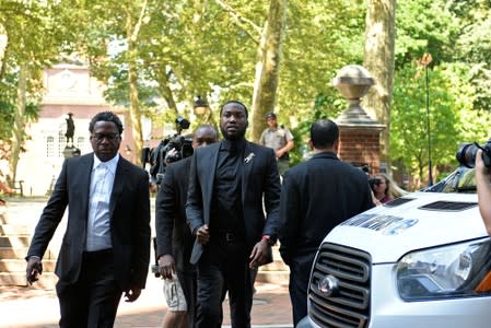 Rapper Meek Mill arrives for a hearing at court in Philadelphia