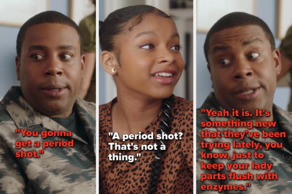 After finding out that Aubrey lied about getting her period, Kenan says that she will be getting a "period shot" at the doctor's office to scare her into telling him the truth