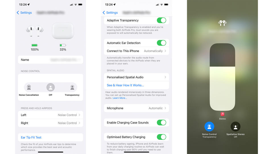 Three screenshots of Apple's AirPods Pro 2 app side by side