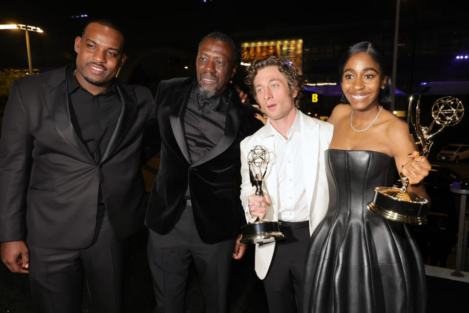 LOS ANGELES, CALIFORNIA - JANUARY 15: (L-R) Lionel Boyce, Edwin Lee Gibson, Jeremy Allen White, winner of the Outstanding Lead Actor in a Comedy Series award for “The Bear,” and Ayo Edebiri, winner of the Outstanding Supporting Actress in a Comedy Series award for “The Bear,” attend the Governor's Gala for the 75th Primetime Emmy Awards at Los Angeles Convention Center on January 15, 2024 in Los Angeles, California. (Photo by Kevin Winter/Getty Images)