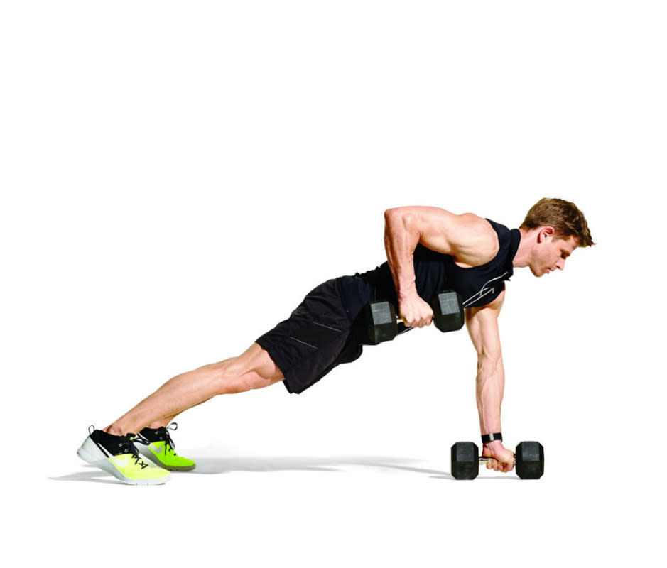<p>Begin in a pushup position, holding dumbbells on the floor in a neutral grip, to start. Perform a pushup on the dumbbells, then immediately perform a one-arm, neutral-grip row. Repeat the pushup and row on the other side. That's 1 rep. Repeat. <br><br><br></p>