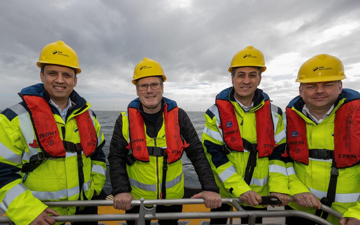 Scottish Labour leader Anas Sarwar, Labour leader Sir Keir Starmer, Shadow climate change secretary Ed Miliband and MSP Colin Smyth during a visit to the Beatrice wind farm off the Caithness coast. - Paul Campbell/PA Wire