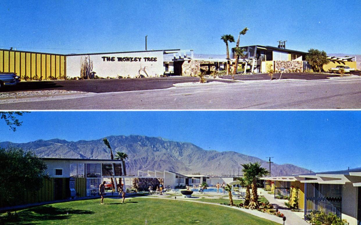 Postcard of the Monkey Tree Hotel illustrating its distinctive architecture designed by Colleen Crist.