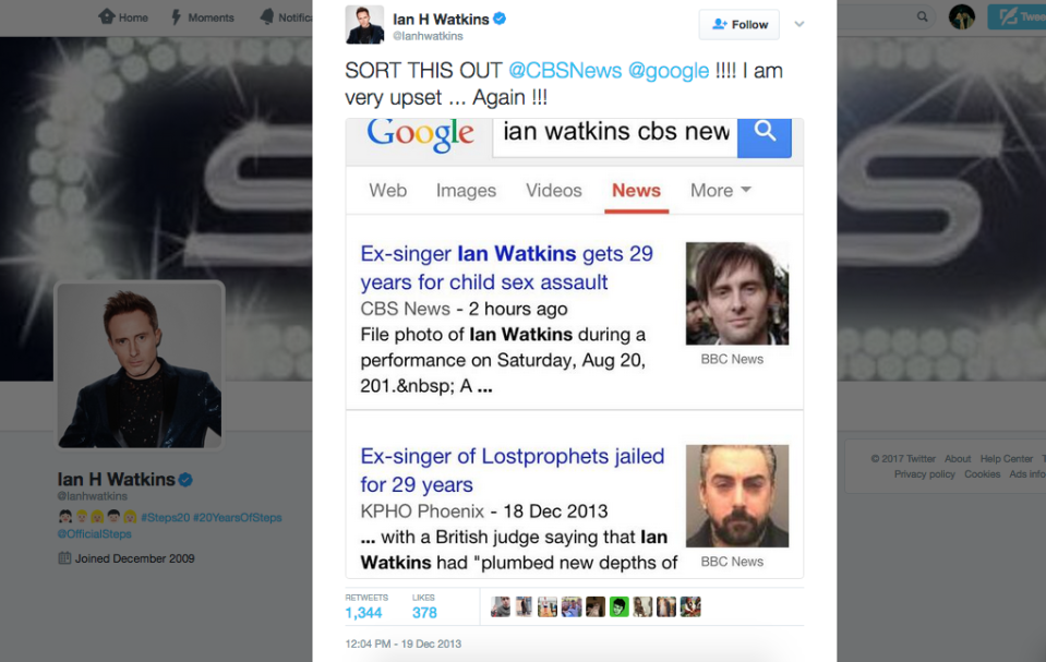 <p>In December 2013, Watkins was confused with convicted paedophile Ian Watkins by Google and the error happened again in 2015. It has since been rectified. </p>