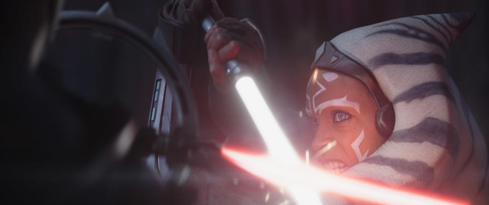 (L-R): Marrok (Paul Darnell) and Ahsoka Tano (Rosario Dawson) in Lucasfilm's STAR WARS: AHSOKA, exclusively on Disney+. Â©2023 Lucasfilm Ltd. & TM. All Rights Reserved.