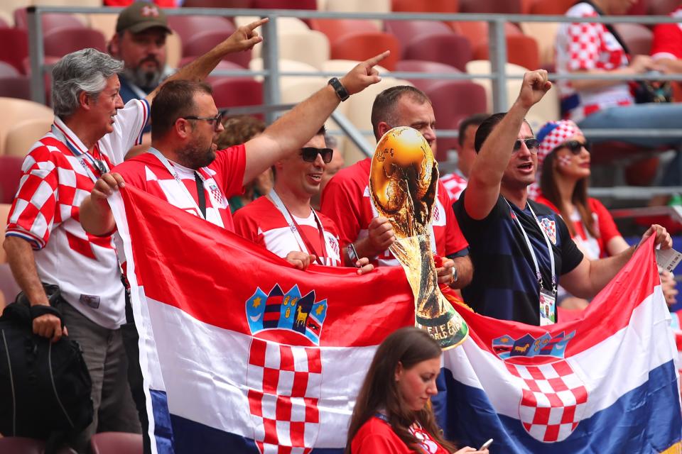 <p>Vocal support: Croatia fans show their support prior to the 2018 FIFA World Cup Russia Final between France and Croatia at Luzhniki Stadium. (Photo by Robbie Jay Barratt – AMA/Getty Images) </p>