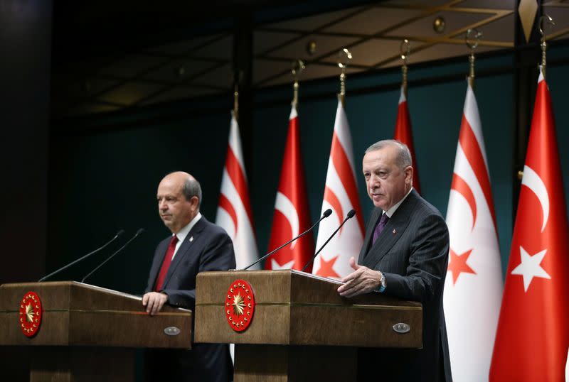 Turkish President Erdogan holds a news conference with Tatar, prime minister of the breakaway state of Northern Cyprus, in Ankara