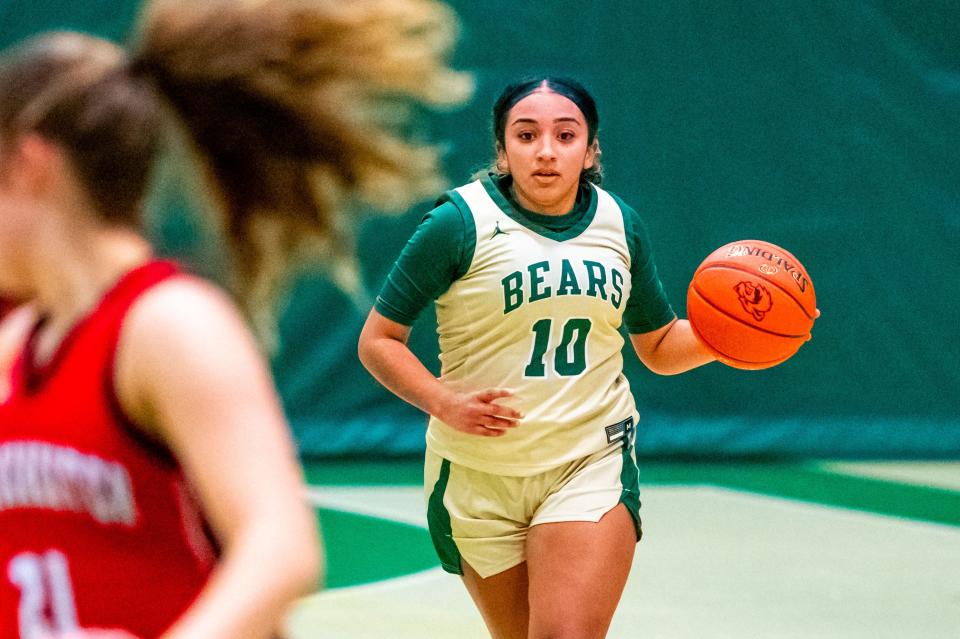 GNB Voc-Tech's Laila Pires drives up the court.