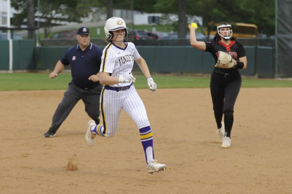 Unioto's Alexis Book rounds the bases during the Shermans' 2-1 win over the Circleville Tigers during the Division II district finals at Ohio University Softball Field on May 17, 2024, in Athens, Ohio.