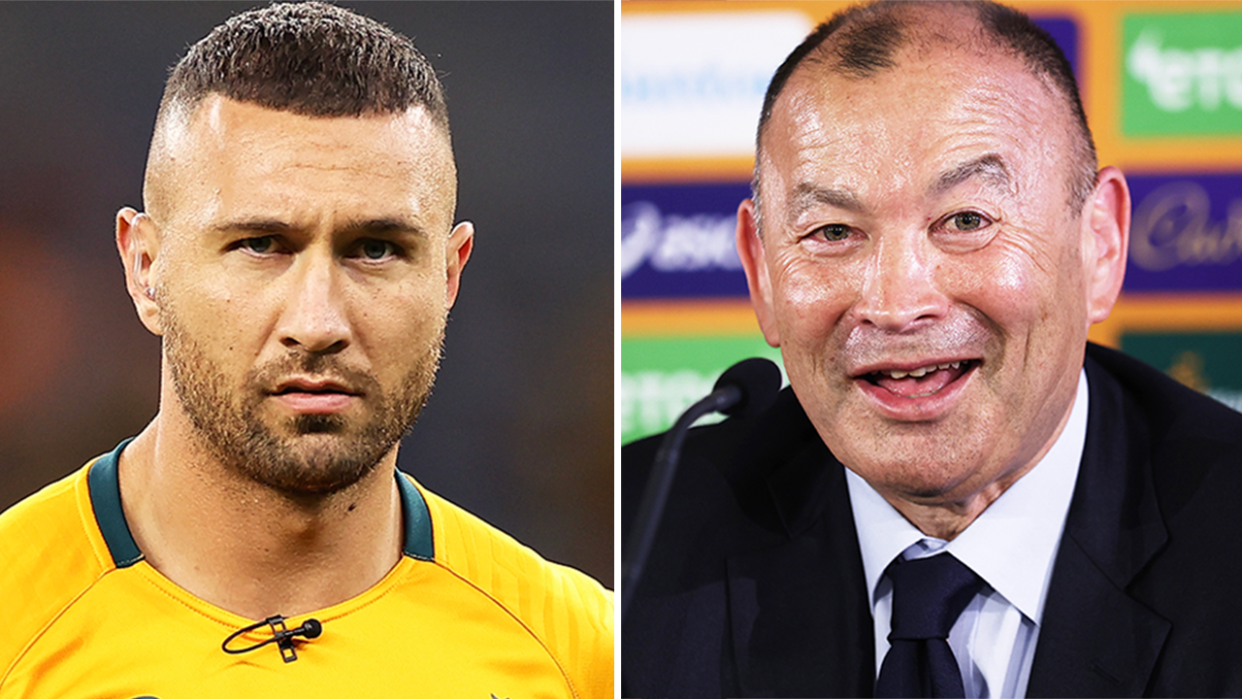 New Wallabies coach Eddie Jones (pictured right) during a press conference and (pictured left) Quade Cooper warming--up.