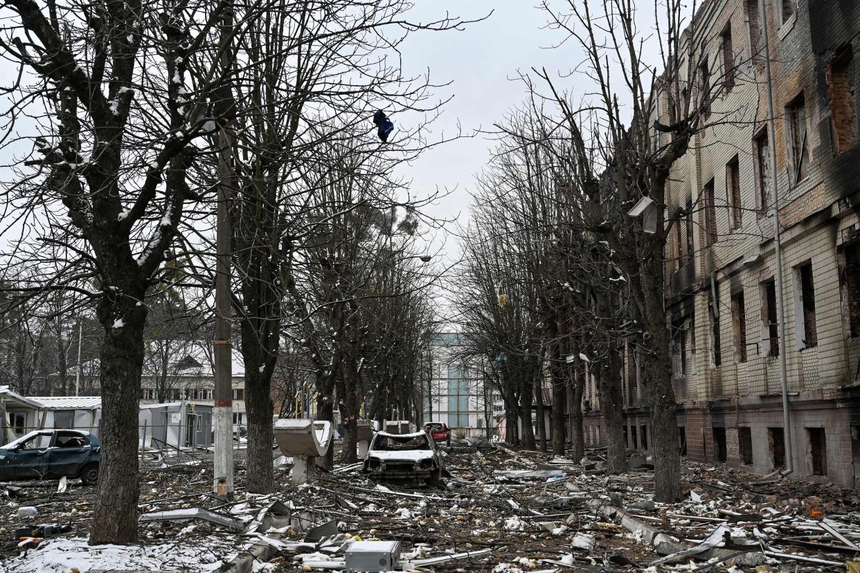 The view of military facility which was destroyed by recent shelling in the city of Brovary outside Kyiv on March 1, 2022.