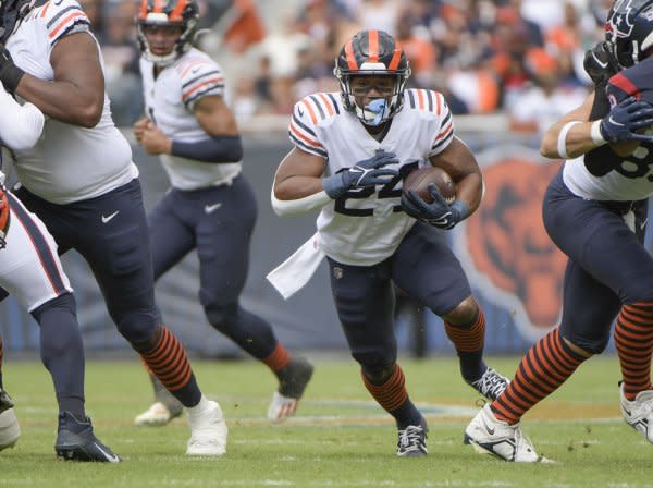 Running back Khalil Herbert (24) and the Chicago Bears will host the Detroit Lions on Sunday in Detroit. File Photo by Mark Black/UPI